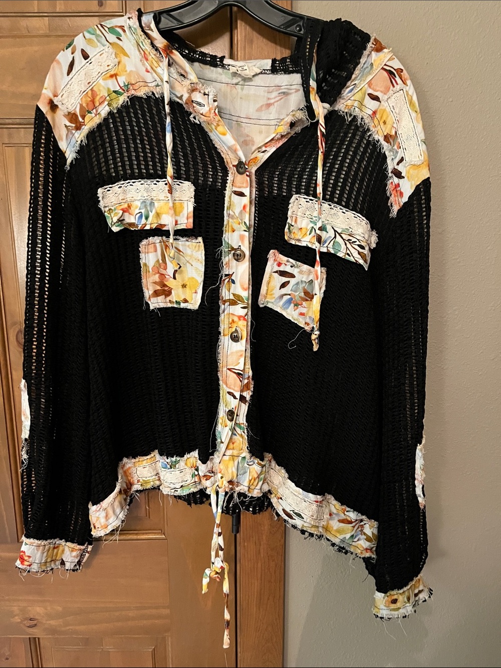 POL Black Open Knit Hoodie with Floral Trim